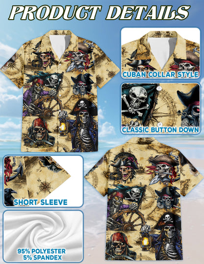 Netecom Pirate Skull Treasure Hawaiian Shirt for Men, Mysterious Pirate Button Down Summer Beach Short Sleeve Shirts