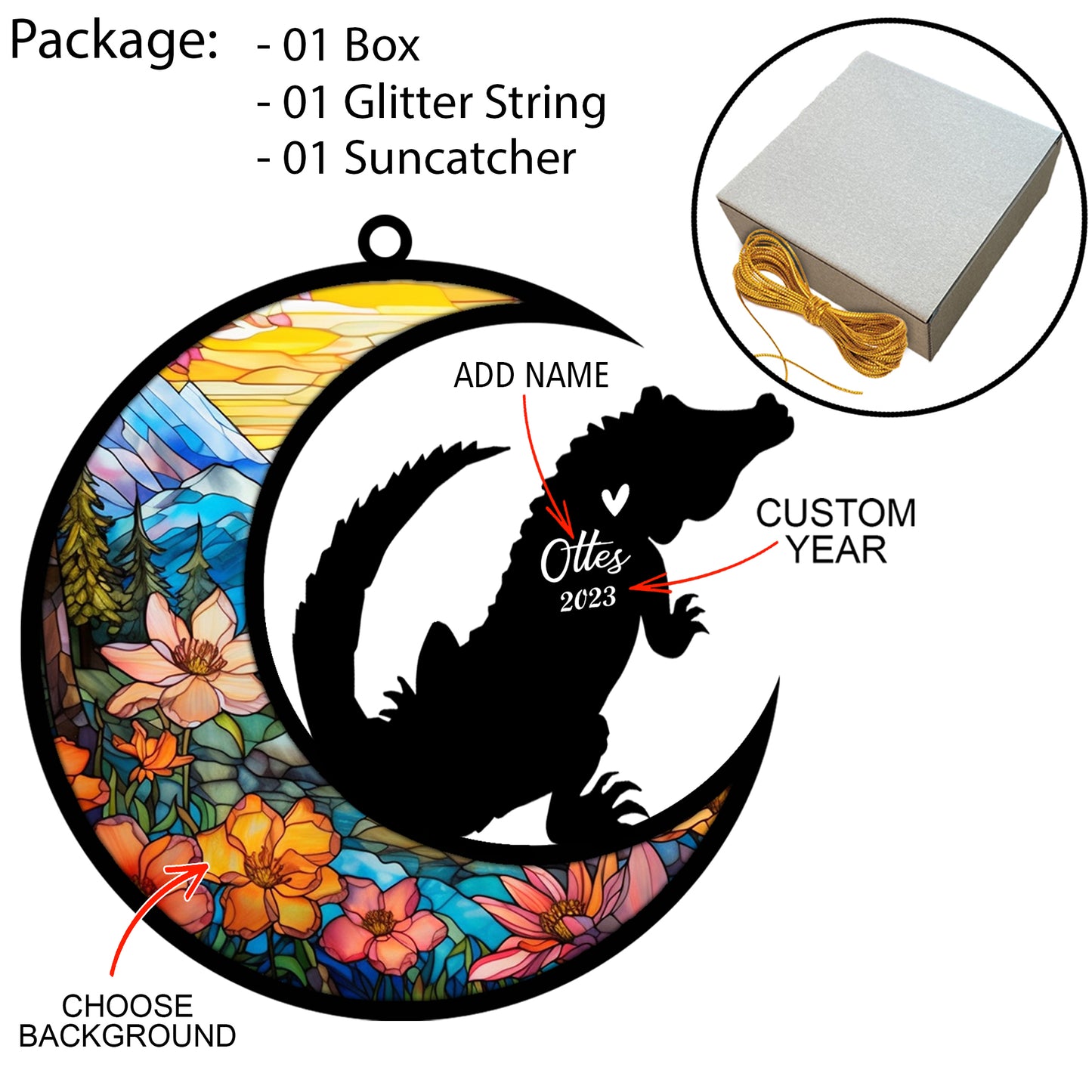 Netecom Personalized Alligator Memorial Suncatcher - Alligator Christmas Ornament with Name - Pet Loss Stained Glass Light Catcher - Bereavement & Sympathy Gift for Loss of Pet