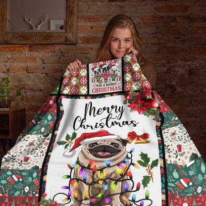 Netecom Santa Pug Dog Christmas Blanket, Holiday Dog Lover Throw Blanket for Couch, Bed or Sofa, Ultra Soft Warm Gift for Christmas and Holiday