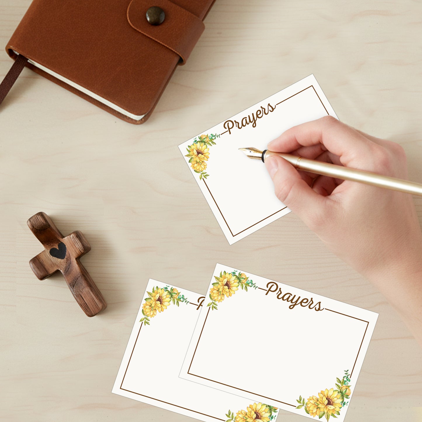 Netecom Wooden Prayer Box with 100 Prayer Request Cards & Hand Cross – Vintage Christian Gift with Sunflowers, Wooden Box for Women & Men