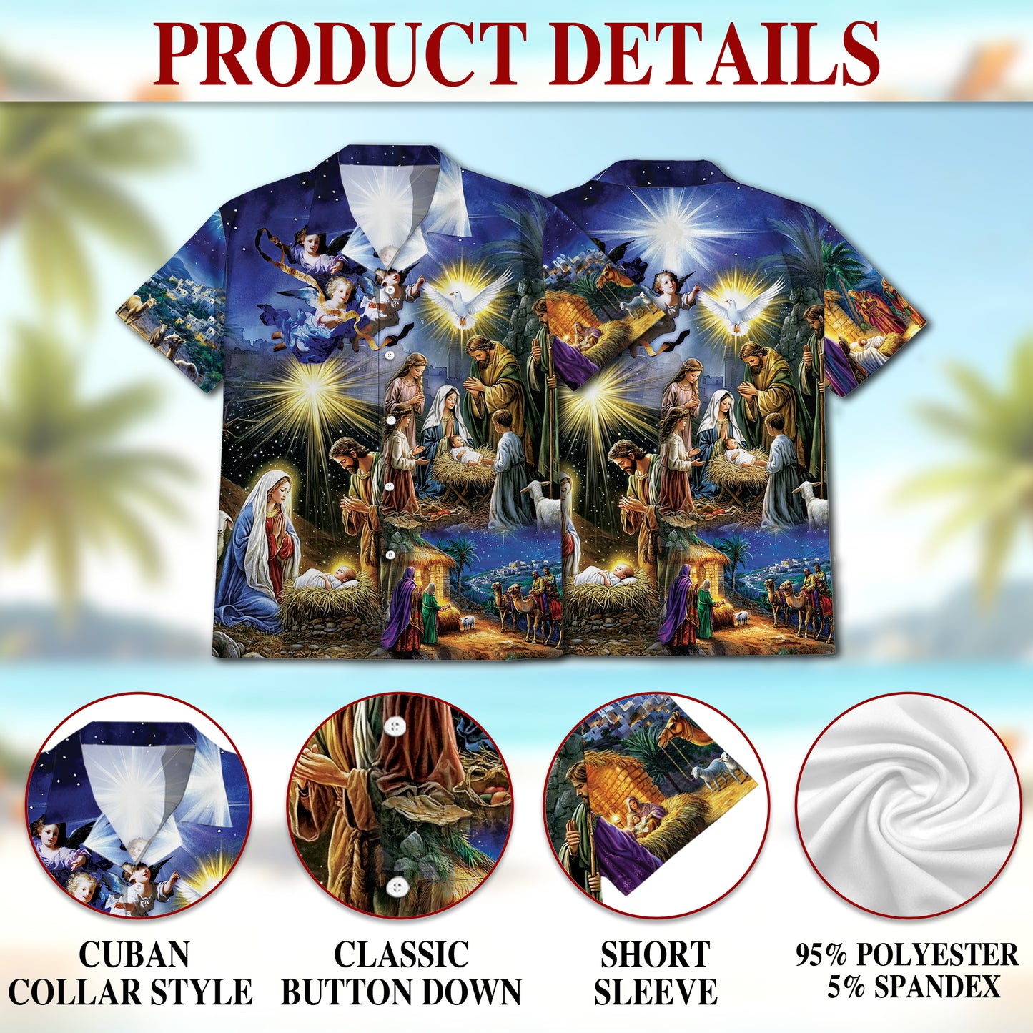 Netecom Nativity Scene Hawaiian Shirt for Men, Vintage Vintage Christmas Button Down Beach Short Sleeve Shirts