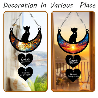 Netecom Personalized Chihuahua Moon Heart Memorial Suncatcher, Custom Chihuahua Ornament with Name Date, Dog Loss Sympathy Gift, Pet Remembrance Keepsake