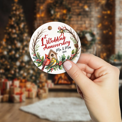 Netecom 1st Wedding Anniversary Christmas Ornament 2025, 1 Year as Mr & Mrs Red Cardinal Ceramic Ornament for Xmas Tree Hanging Decorations Gift, Gifts for Couple Husband Wife, Holiday Present