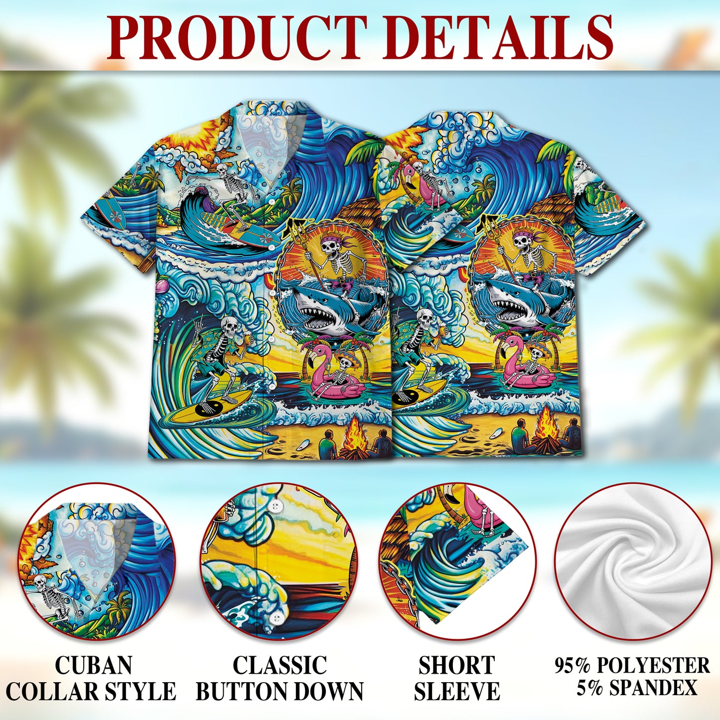 Netecom Funny Surfing Skull Art Hawaiian Shirt for Men Women, Tropical Button Down Summer Beach Short Sleeve Shirts