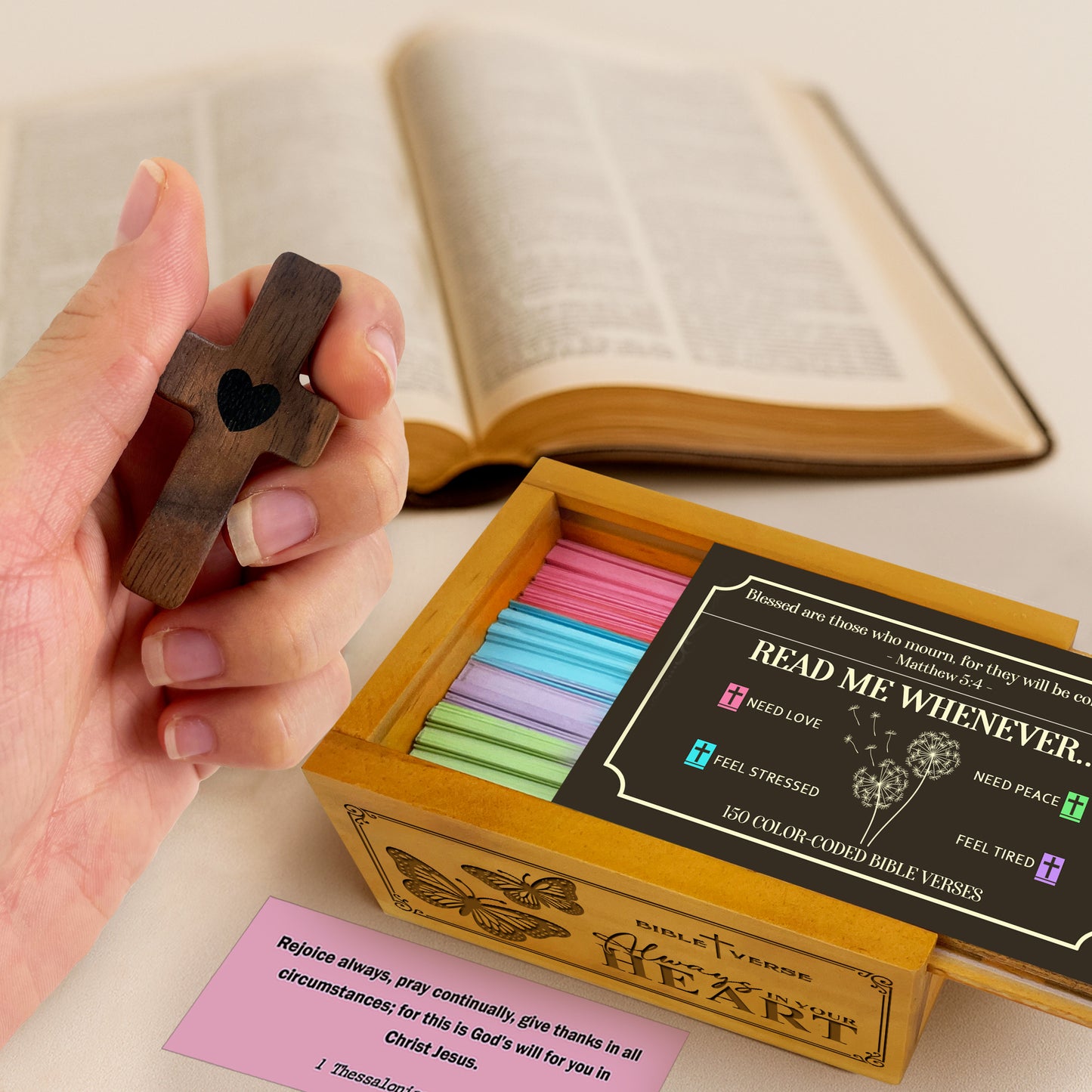 Netecom Spanish Bible Verse Box – Pine Wood Scripture Box with Walnut Cross, 150 Daily Bible Verse Cards, Caja de Versículos de la Biblia, Christian Gift