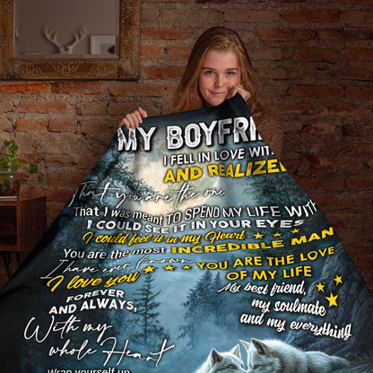 Netecom Personalized To My Boyfriend Blanket from Girlfriend, Romantic Wolf Couple Throw Blanket for Couch, Bed or Sofa, Love Letter Blanket for Boyfriend, Christmas or Valentine’s Day Present