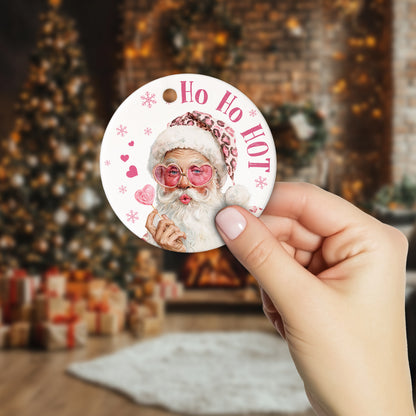 Netecom Funny Ho Ho Hot Santa Christmas Ornament, Santa Claus with Pink Heart Glasses and Candy Ceramic Ornament for Xmas Tree Hanging Decorations Gift, Home Decor, Holiday Party Present