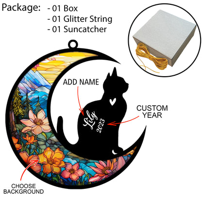 Netecom Personalized Domestic Shorthair Cat Memorial Suncatcher - Custom with Name & Date - Pet Loss Light Catcher - Christmas Cat Ornament for Window Hangings