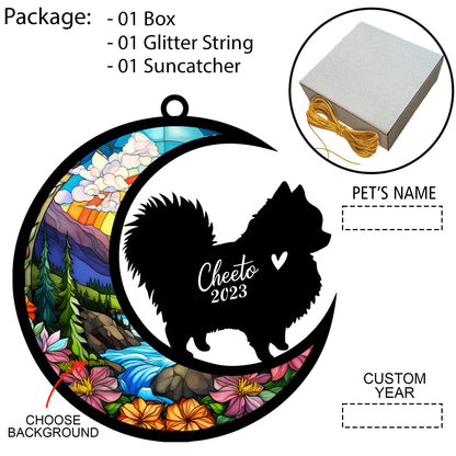 Netecom Personalized Pomeranian Dog Memorial Suncatcher, Pomeranian Christmas Ornament with Name Date, Pet Loss Stained Glass Sun Catcher, Dog Memorial Ornament, Bereavement Sympathy Gift for Dog Lovers