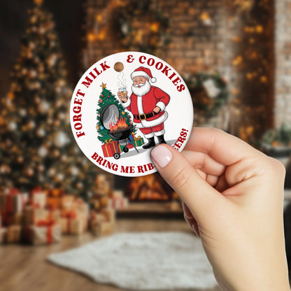 Netecom Funny Forget Milk & Cookies Bring Me Ribs and Beers Christmas Ornaments, Santa Claus Ceramic Ornament for Xmas Tree Hanging Decoration Gift, Gifts for Friends Family, Holiday Present