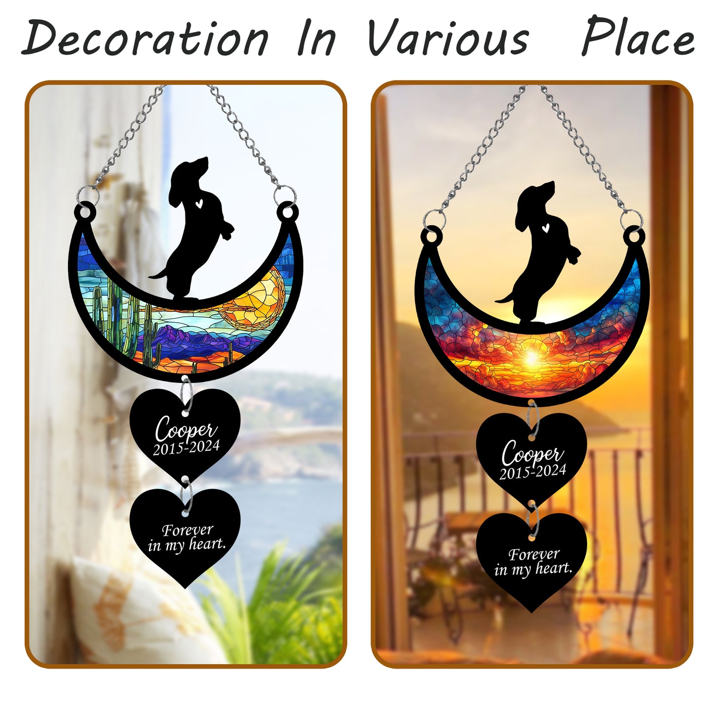 Netecom Personalized Dachshund Moon Heart Memorial Suncatcher, Custom Dachshund Ornament with Name Date, Dog Loss Sympathy Gift, Pet Remembrance Keepsake