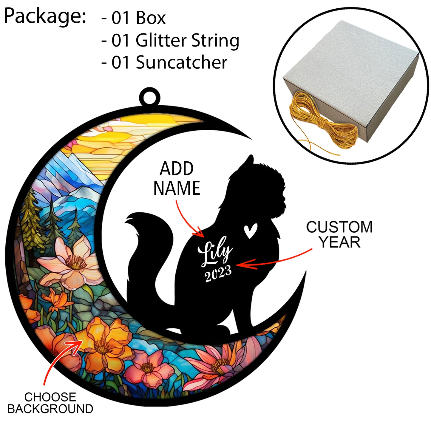 Netecom Personalized Persian Cat Memorial Suncatcher - Custom with Name & Date - Pet Loss Light Catcher - Christmas Cat Ornament for Window & Car Decor