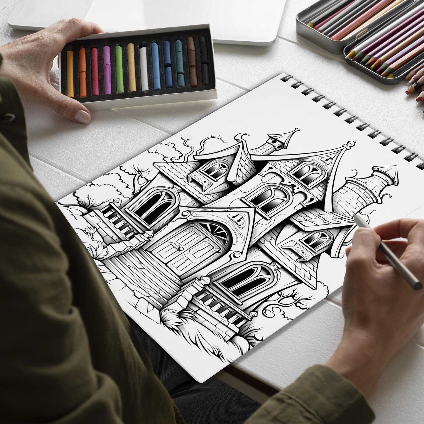 Ghostly Home Spiral Bound Coloring Book, Explore the Mysterious Beauty of Ghostly Homes with 30 Exquisitely Illustrated Coloring Pages.