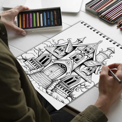 Ghostly Home Spiral Bound Coloring Book, Explore the Mysterious Beauty of Ghostly Homes with 30 Exquisitely Illustrated Coloring Pages.