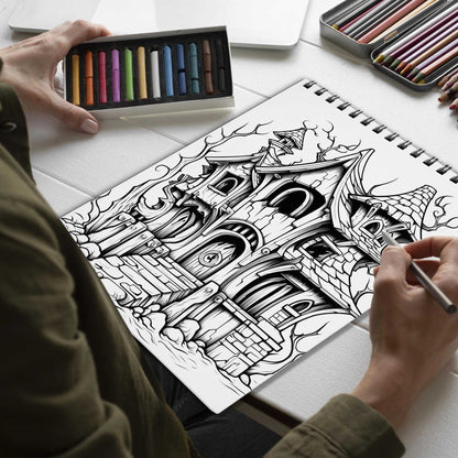 Haunted Dwelling Spiral Bound Coloring Book, Discover the Eerie Beauty of Haunted Dwellings with 30 Exquisitely Illustrated Coloring Pages.