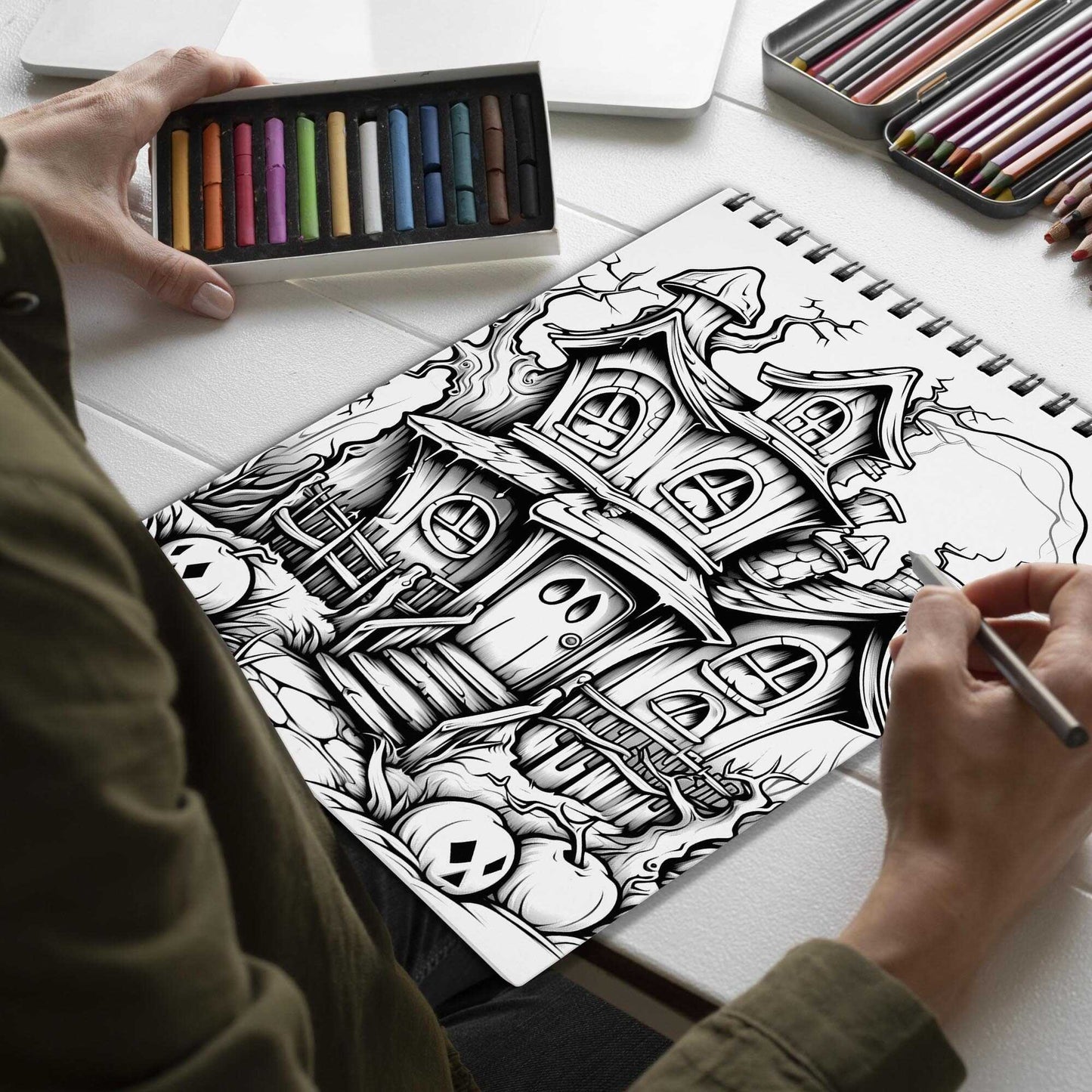 Mysterious House Spiral Bound Coloring Book, Unleash Your Imagination in a Suspenseful Setting with 30 Charming Pages of Enigmatic House Scenes.