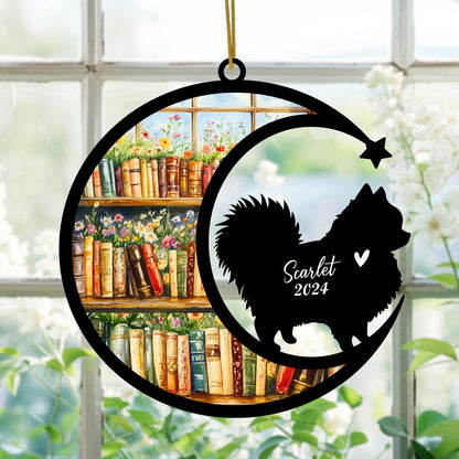 Netecom Personalized Pomeranian Suncatcher for Windows Hanging, Custom Pom Dog Sun Catcher Ornament with Name Date, Unique Gifts for Book Lovers, Reader Teacher Librarian Bookworm