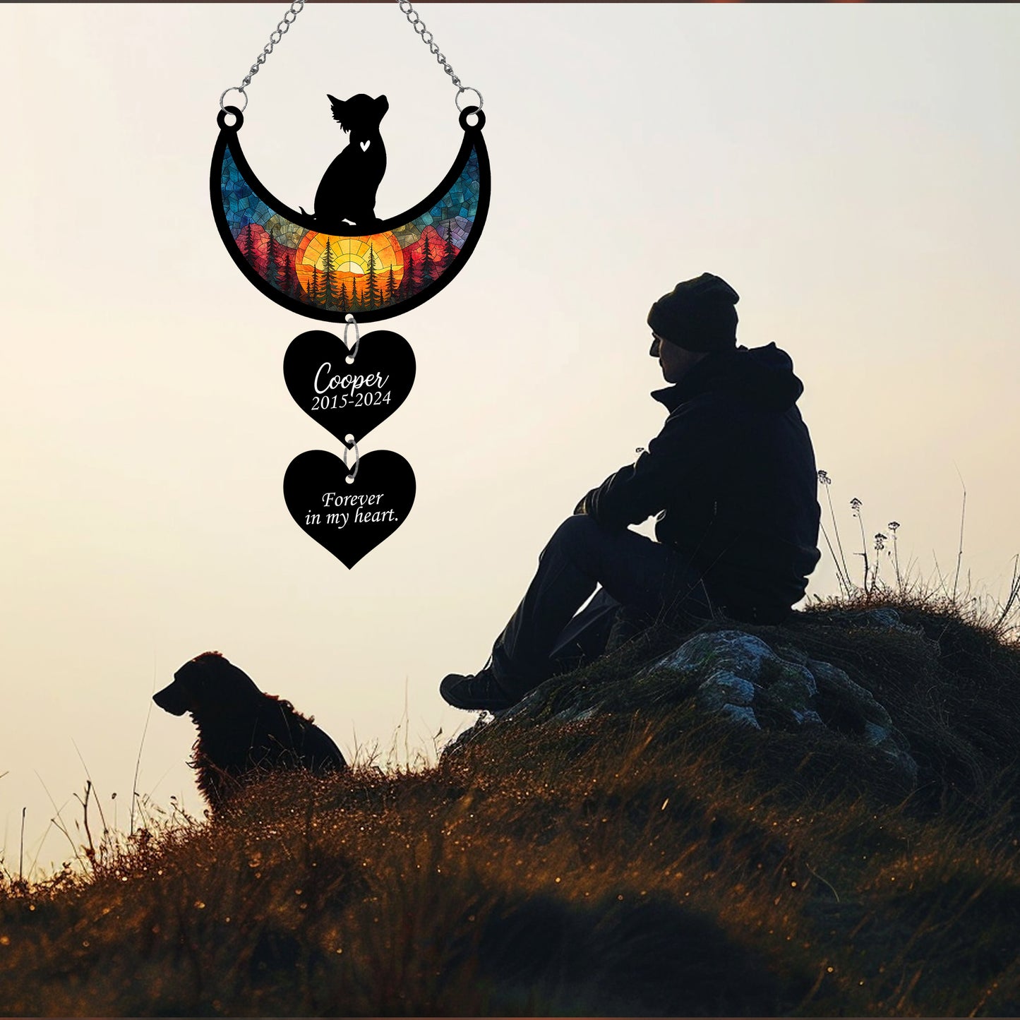 Netecom Personalized Chihuahua Moon Heart Memorial Suncatcher, Custom Chihuahua Ornament with Name Date, Dog Loss Sympathy Gift, Pet Remembrance Keepsake