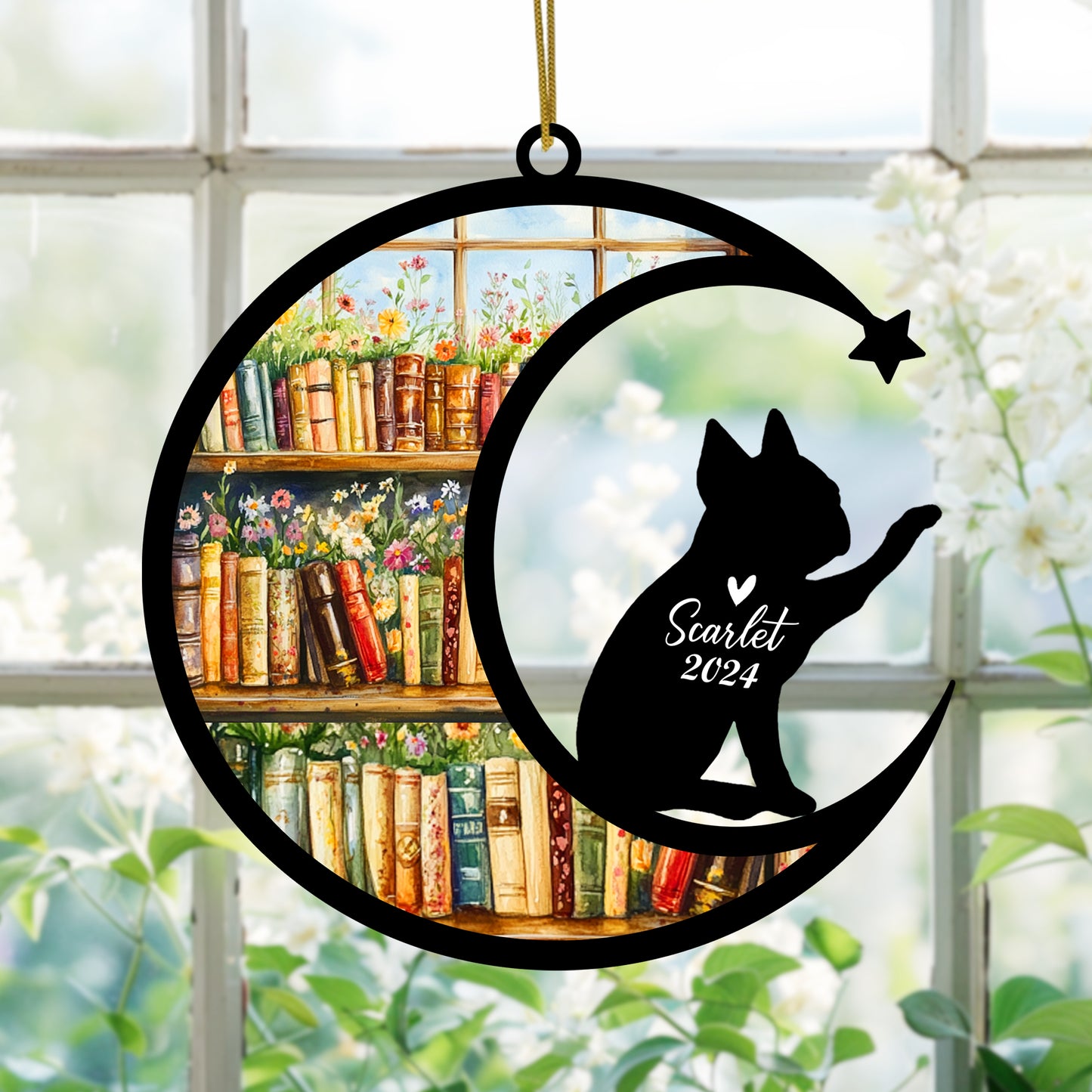 Netecom Personalized Boston Terrier Suncatcher for Windows Hanging, Custom Dog Sun Catcher Ornament with Name Date, Unique Gifts for Book Lovers, Reader Teacher Librarian Bookworm