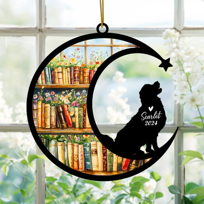 Netecom Personalized Golden Retriever Suncatcher for Windows Hanging, Custom Dog Sun Catcher Ornament with Name Date, Unique Gifts for Book Lovers, Reader Teacher Librarian Bookworm