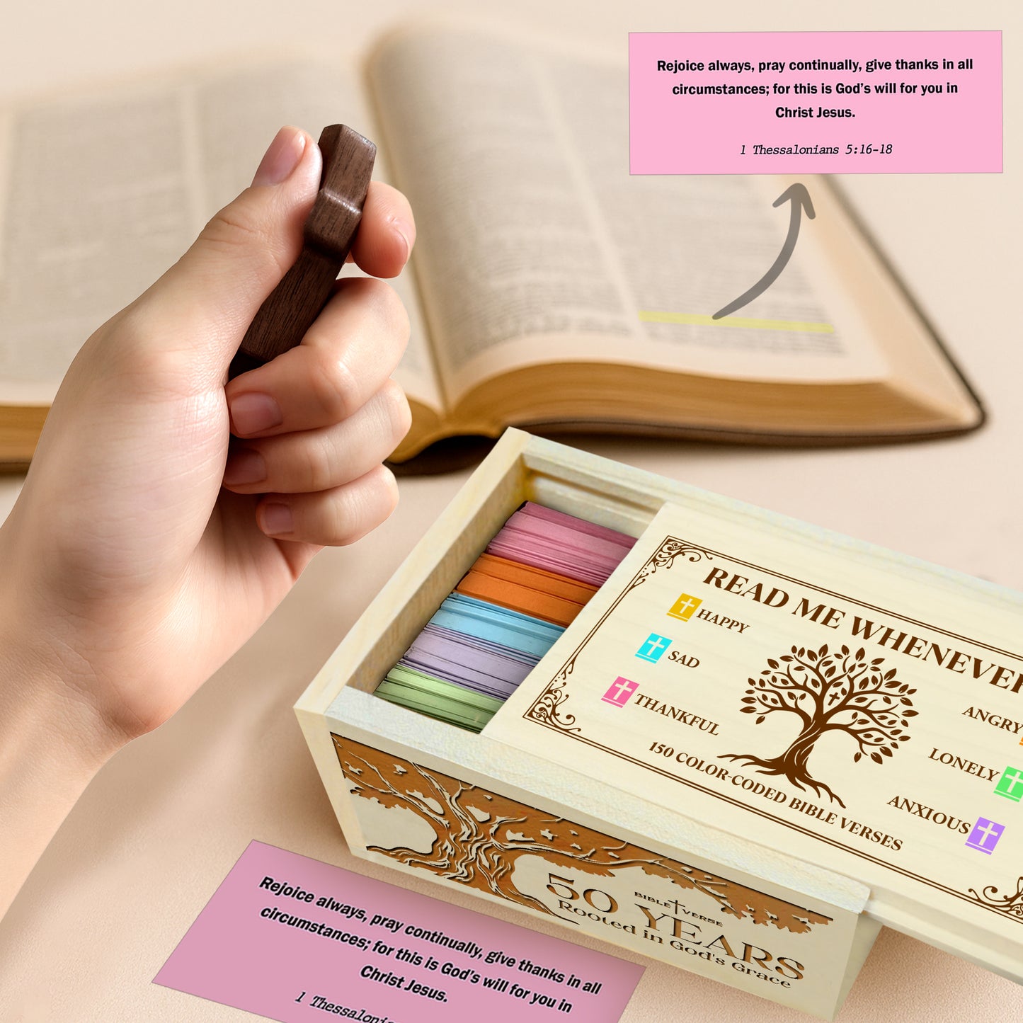 Netecom Personalized Bible Verse Box for 50 Years Birthday, Custom Name & Age, Engraved Wood Scripture Box with Pocket Cross, 150 Daily Bible Verse Cards, Christian Birthday Gift