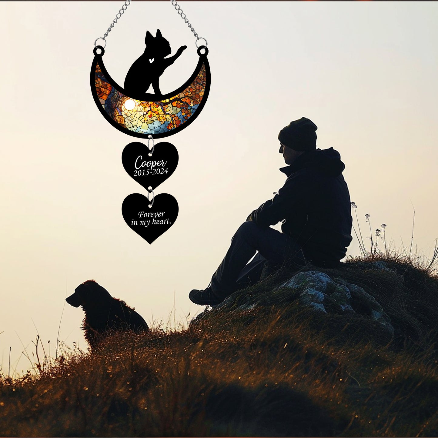 Netecom Personalized Boston Terrier Moon Heart Memorial Suncatcher, Custom Boston Terrier Ornament with Name Date, Dog Loss Sympathy Gift, Pet Remembrance Keepsake