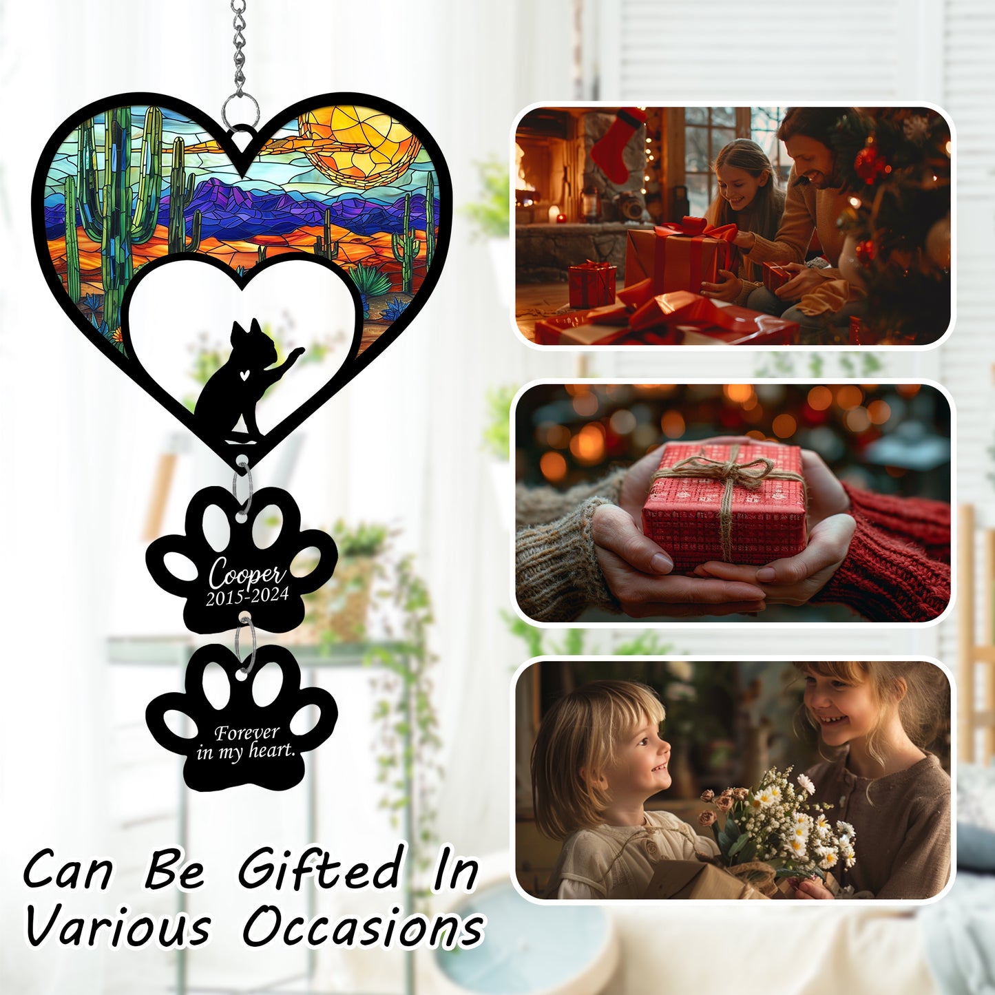 Netecom Personalized Boston Terrier Rainbow Heart Paw Memorial Suncatcher, Custom Dog Ornament with Name Date, Dog Loss Sympathy Gift, Pet Remembrance Keepsake