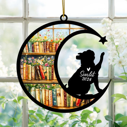 Netecom Personalized Bulldog Suncatcher for Windows Hanging, Custom Dog Sun Catcher Ornament with Name Date, Unique Gifts for Book Lovers, Reader Teacher Librarian Bookworm