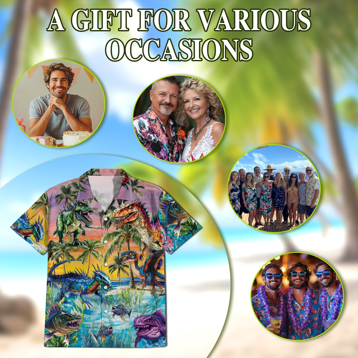 Netecom Tropical Dinosaur Hawaiian Shirt for Men, Dinosaur Lover Gifts, Animal Button Down Summer Beach Shirts