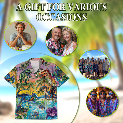 Netecom Tropical Dinosaur Hawaiian Shirt for Men, Dinosaur Lover Gifts, Animal Button Down Summer Beach Shirts