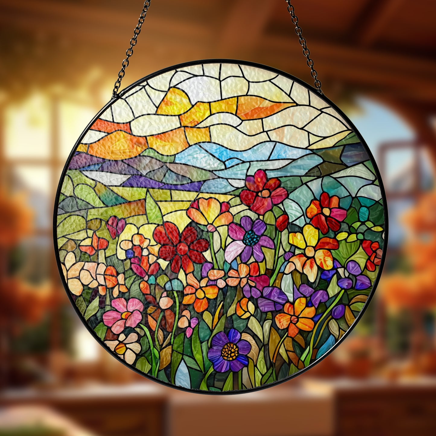 Netecom Flower Garden Stained Glass Sun Catcher – Personalized Floral Ornament, Custom Window Hanging, Nature-Inspired Gift