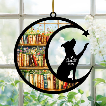 Netecom Personalized Pitbull Suncatcher for Windows Hanging, Custom Dog Sun Catcher Ornament with Name Date, Unique Gifts for Book Lovers, Reader Teacher Librarian Bookworm
