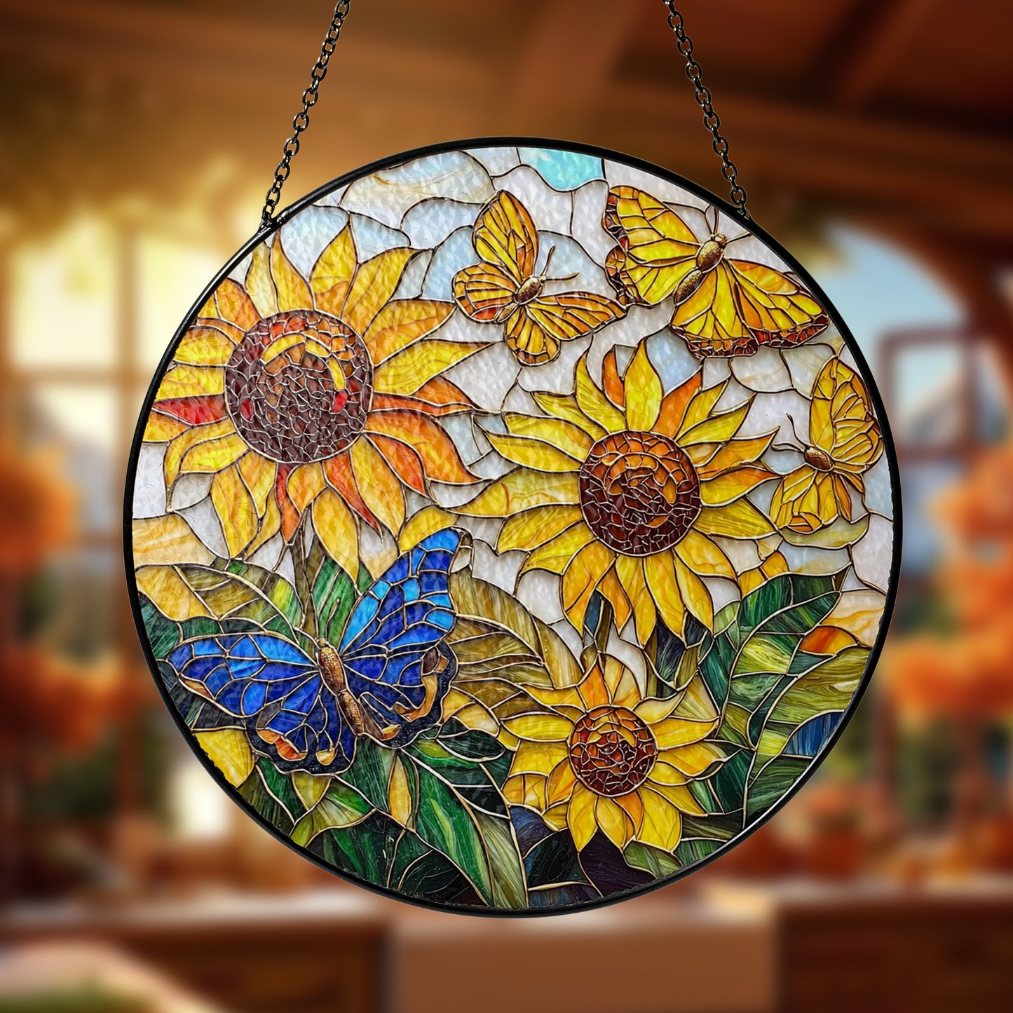 Netecom Sunflower and Butterfly Stained Glass Ornament – Personalized Floral Sun Catcher, Nature-Inspired Window Hanging