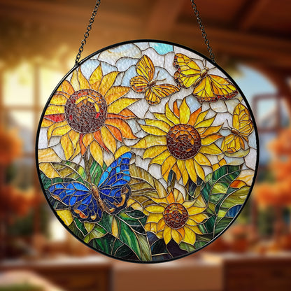 Netecom Sunflower and Butterfly Stained Glass Ornament – Personalized Floral Sun Catcher, Nature-Inspired Window Hanging