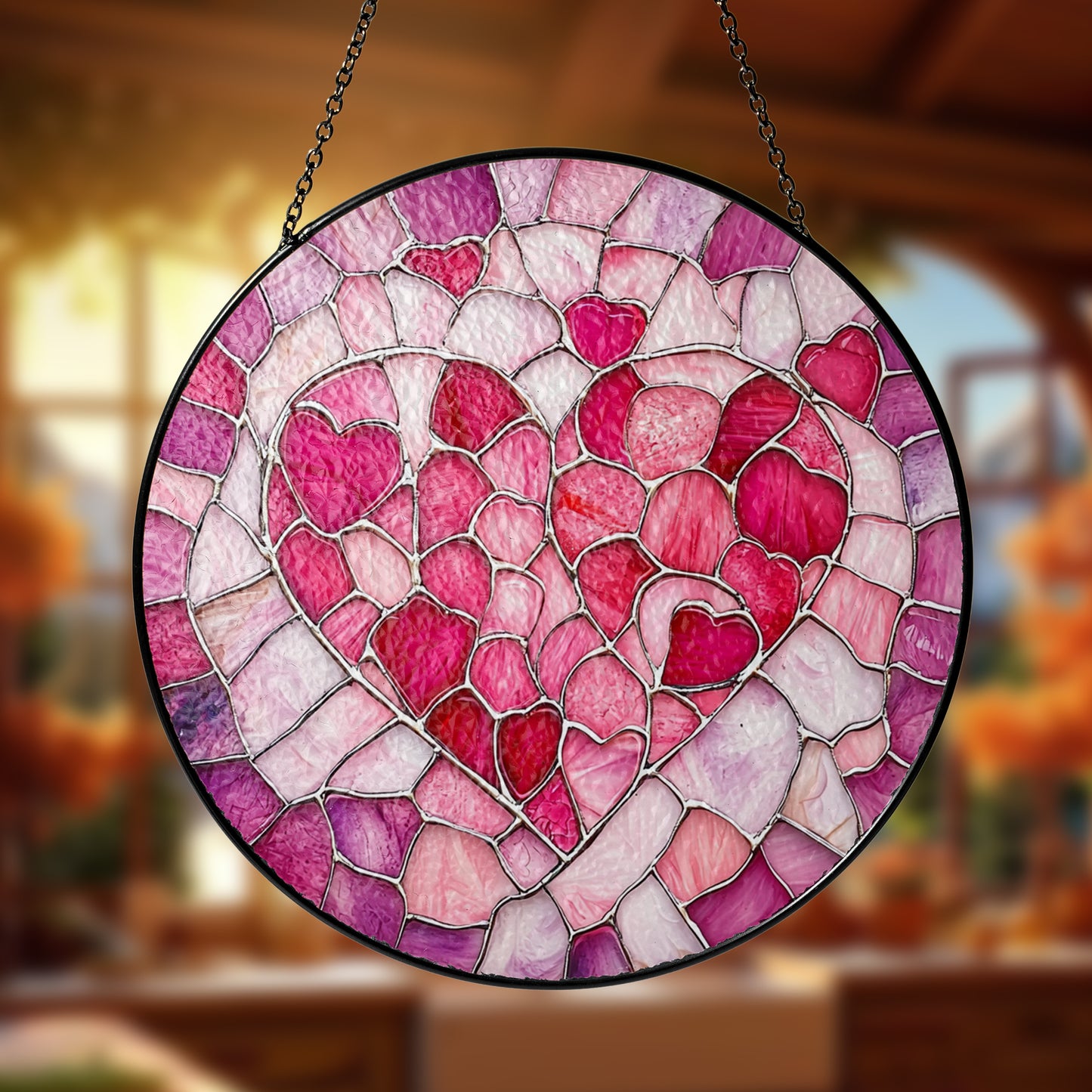 Netecom Valentine Heart Stained Glass Sun Catcher – Personalized Love Ornament, Custom Window Hanging, Romantic Gift