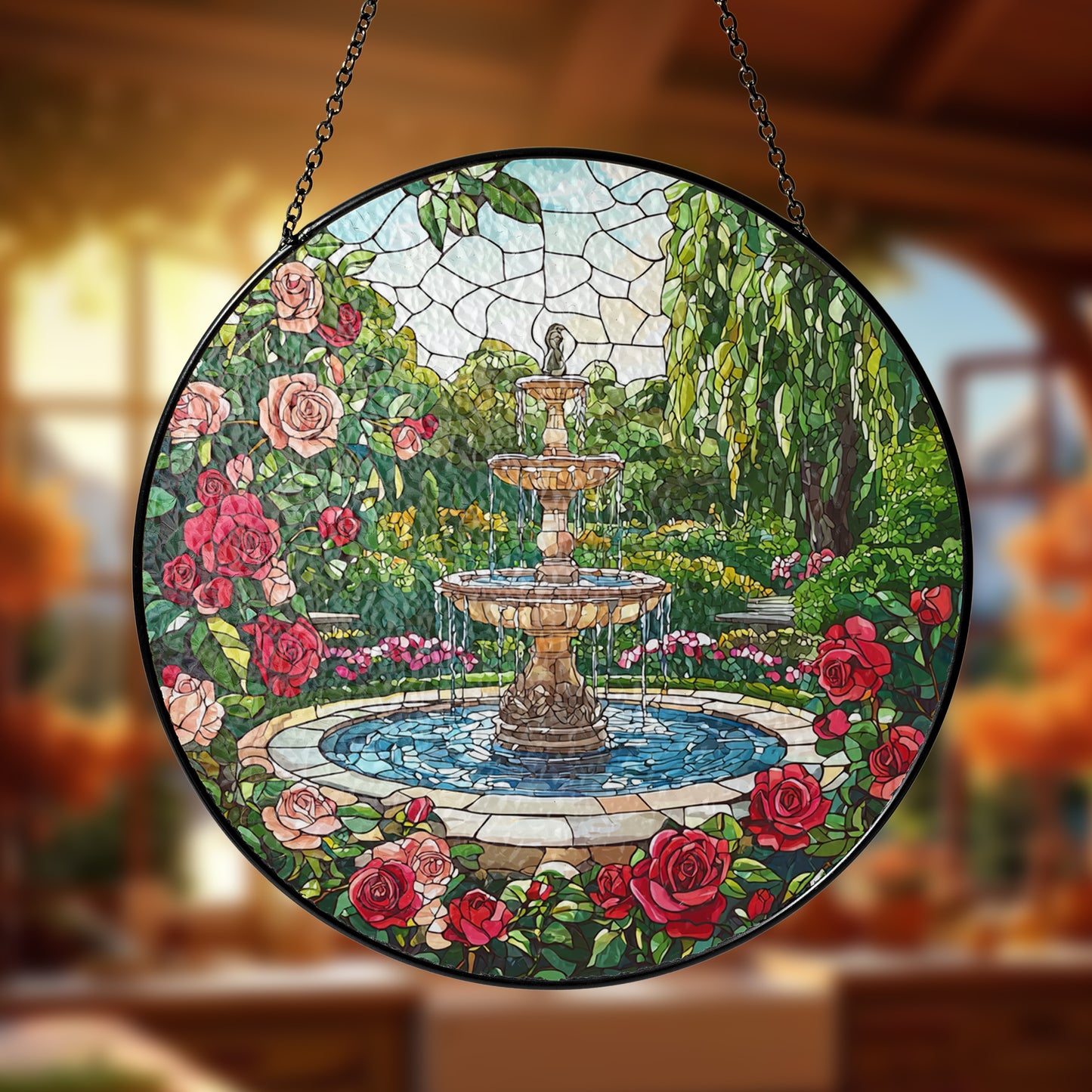 Netecom Water Fountain Stained Glass Sun Catcher – Elegant Garden Fountain Window Hanging, Perfect Gift for