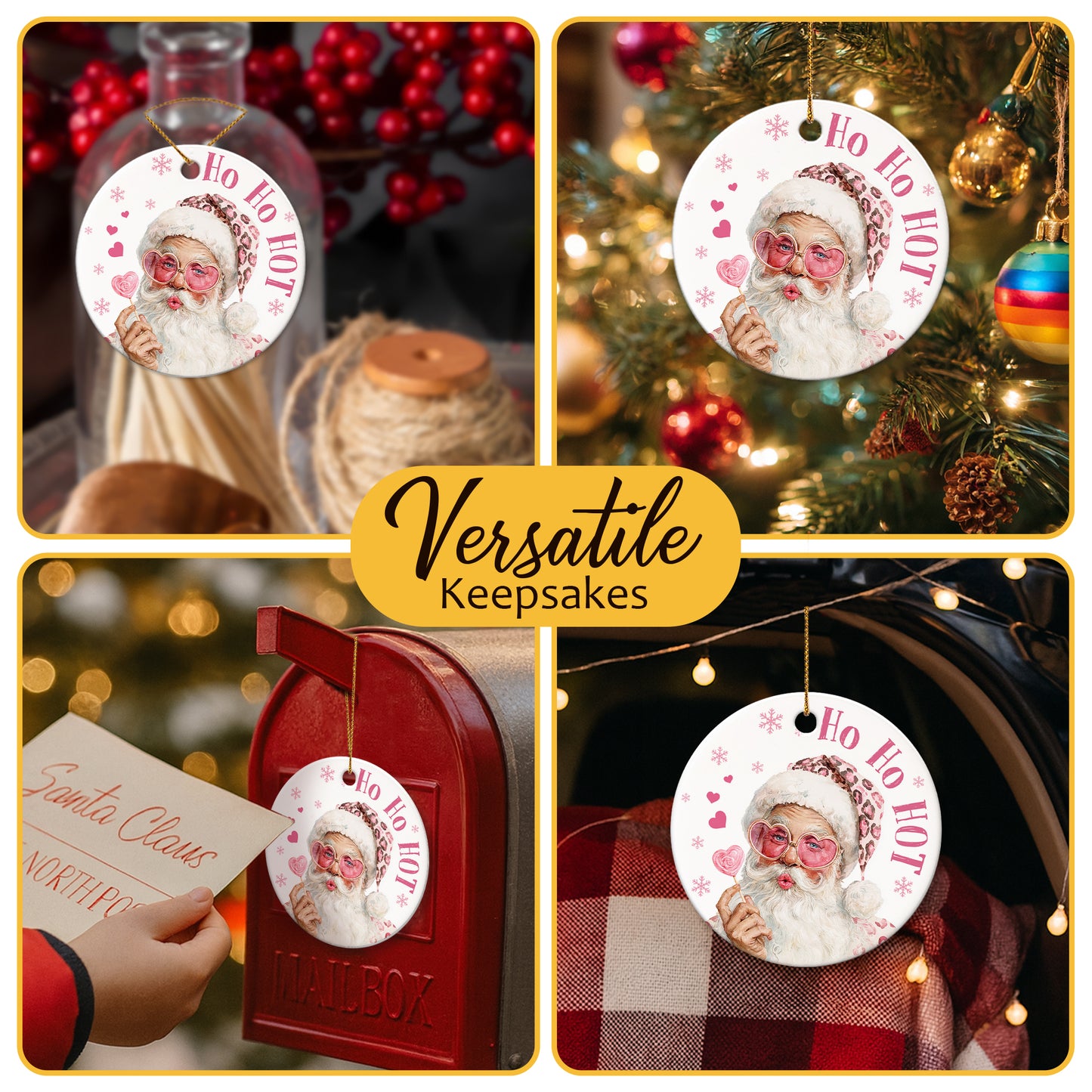 Netecom Funny Ho Ho Hot Santa Christmas Ornament, Santa Claus with Pink Heart Glasses and Candy Ceramic Ornament for Xmas Tree Hanging Decorations Gift, Home Decor, Holiday Party Present