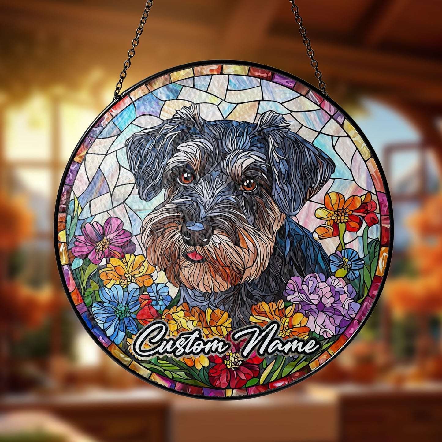 Netecom Custom Schnauzer Stained Glass Ornament, Personalized Pet Memorial Sun Catcher, Pet Loss Sympathy Gift, Christmas Decoration
