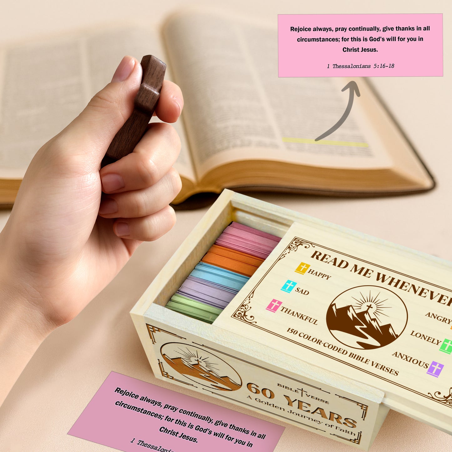 Netecom Personalized Bible Verse Box for 60 Years Birthday, Custom Name & Age, Engraved Wood Scripture Box with Pocket Cross, 150 Daily Bible Verse Cards, Christian Birthday Gift