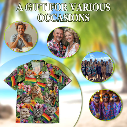 Netecom LGBT Pride Cat Hawaiian Shirt for Women, Cat Lover Gifts, Rainbow Flag Floral Button Down Summer Beach Shirts