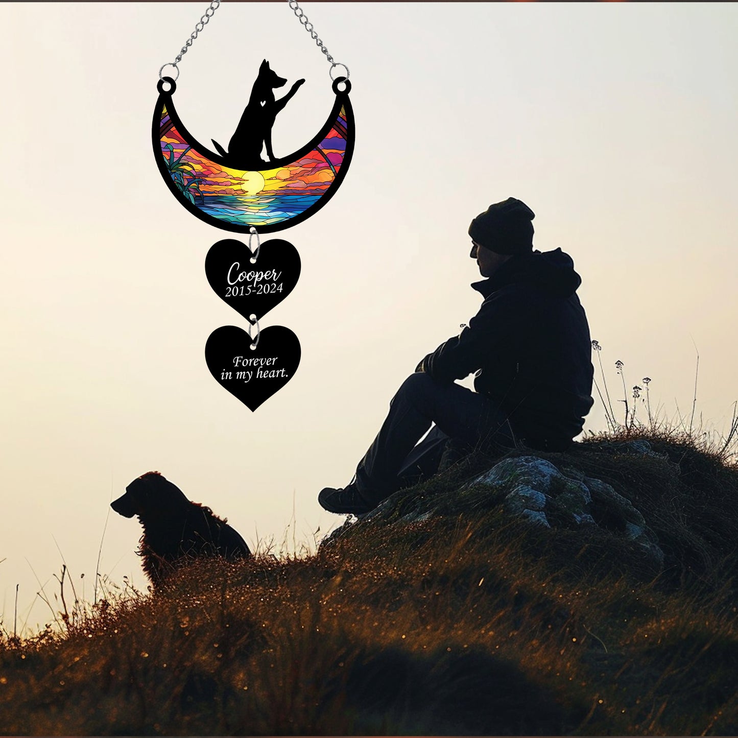 Netecom Personalized German Shepherd Moon Heart Memorial Suncatcher, Custom German Shepherd Ornament with Name Date, Dog Loss Sympathy Gift, Pet Remembrance Keepsake