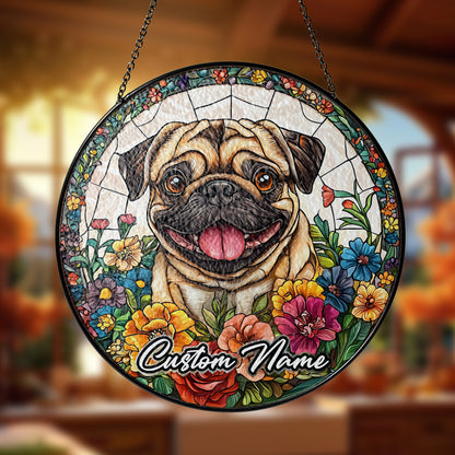 Netecom Custom Pug Dog Stained Glass Ornament, Personalized Memorial Suncatcher, Pet Loss Sympathy Gift, Christmas Decoration