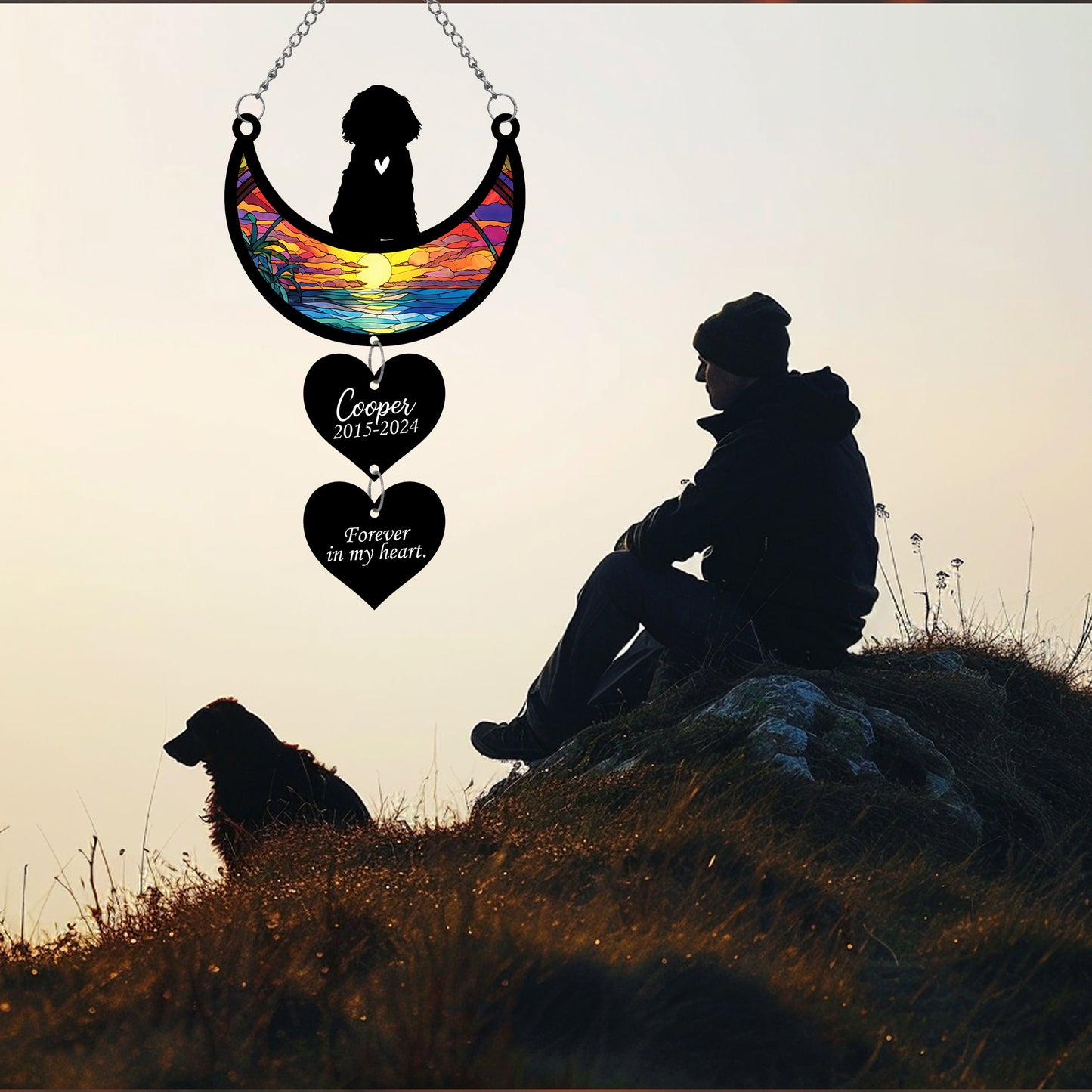 Netecom Personalized Cocker Spaniel Moon Heart Memorial Suncatcher, Custom Dog Ornament with Name Date, Dog Loss Sympathy Gift, Pet Remembrance Keepsake