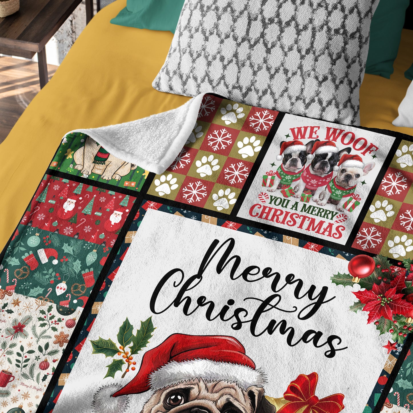 Netecom Santa Pug Dog Christmas Blanket, Holiday Dog Lover Throw Blanket for Couch, Bed or Sofa, Ultra Soft Warm Gift for Christmas and Holiday