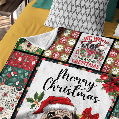 Netecom Santa Pug Dog Christmas Blanket, Holiday Dog Lover Throw Blanket for Couch, Bed or Sofa, Ultra Soft Warm Gift for Christmas and Holiday