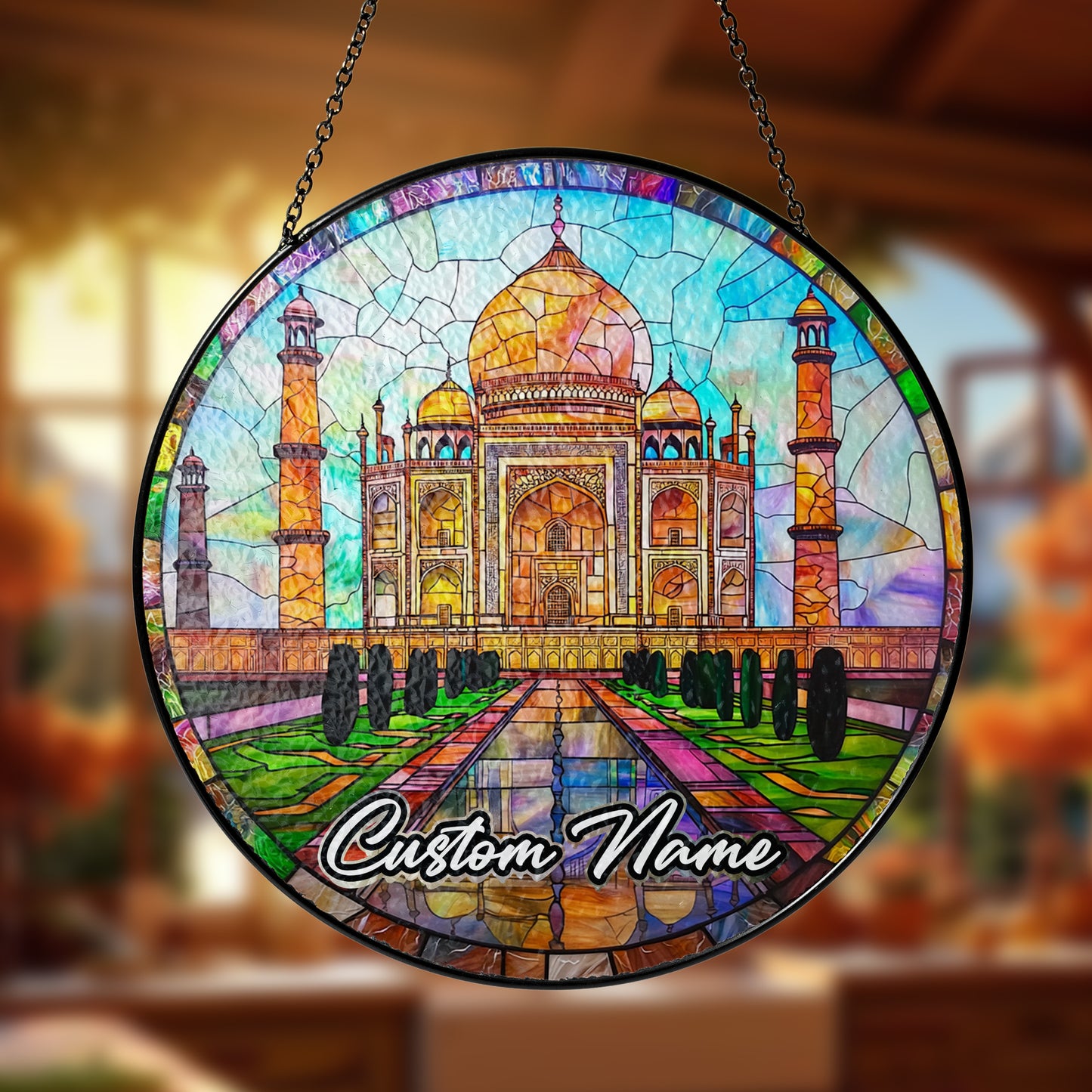 Netecom Personalized India Landmark Stained Glass Sun Catcher – Taj Mahal Inspired Window Ornament, Custom Travel Gift & Home Decor