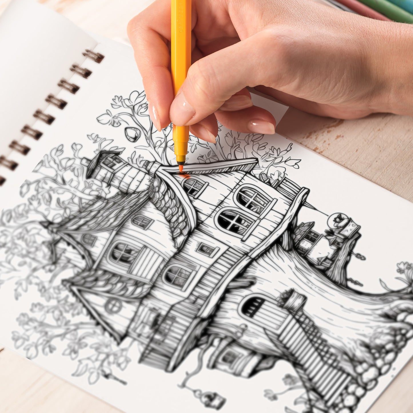 Tree House Spiral Bound Coloring Book, Explore 30 Intriguing Coloring Pages, Depicting Treehouses as Tranquil Retreats and Cozy Sanctuaries in Nature