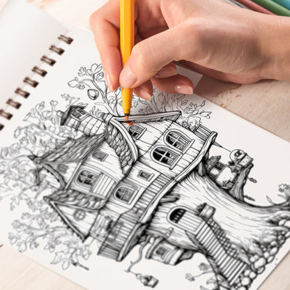 Tree House Spiral Bound Coloring Book, Explore 30 Intriguing Coloring Pages, Depicting Treehouses as Tranquil Retreats and Cozy Sanctuaries in Nature