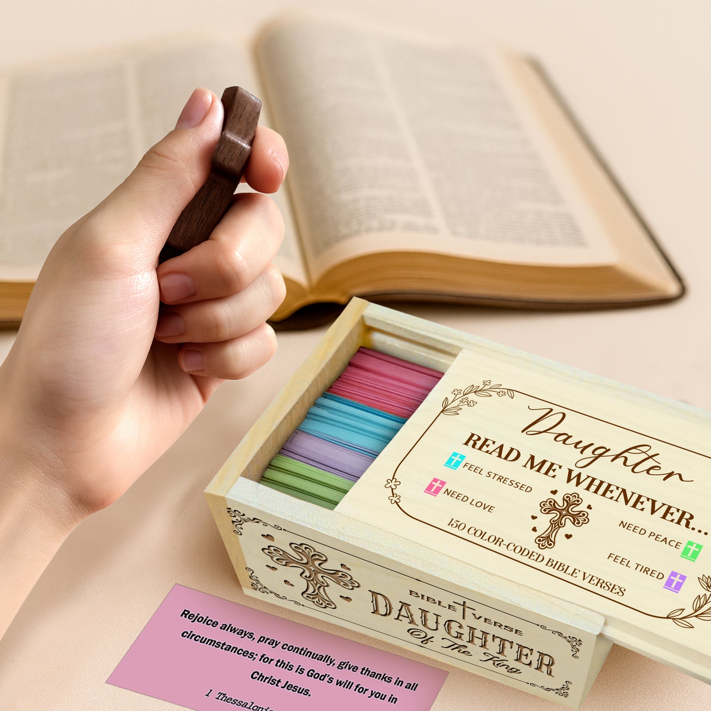 Netecom Bible Verses Box for Daughter with Prayer Cross, 150 Upgrade Bible Verse Cards Box Set for Emotions and Feelings, 4 Emotional Themes, Graduation Gift for Daughter, Encouragement & Love