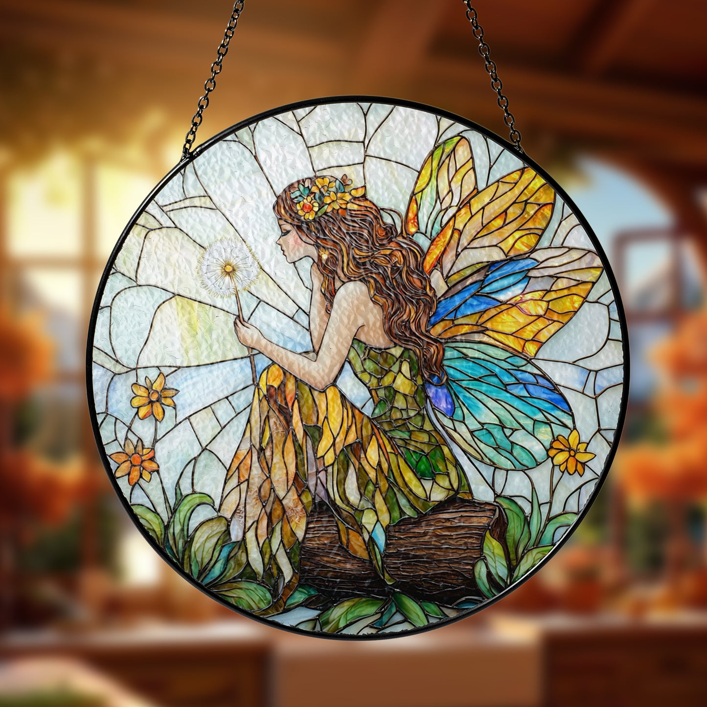 Netecom Fairy and Flowers Stained Glass Sun Catcher – Custom Magical Ornament, Personalized Window Hanging Décor